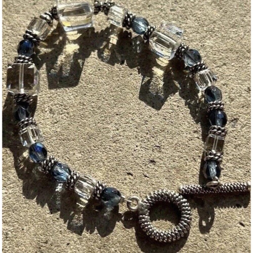 Vintage Silver Boho Chunky Blue White Clear Beaded Glass Women’s Sz 7”